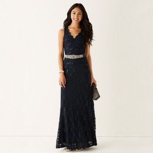 Navy Blue Lace Long Formal Dress